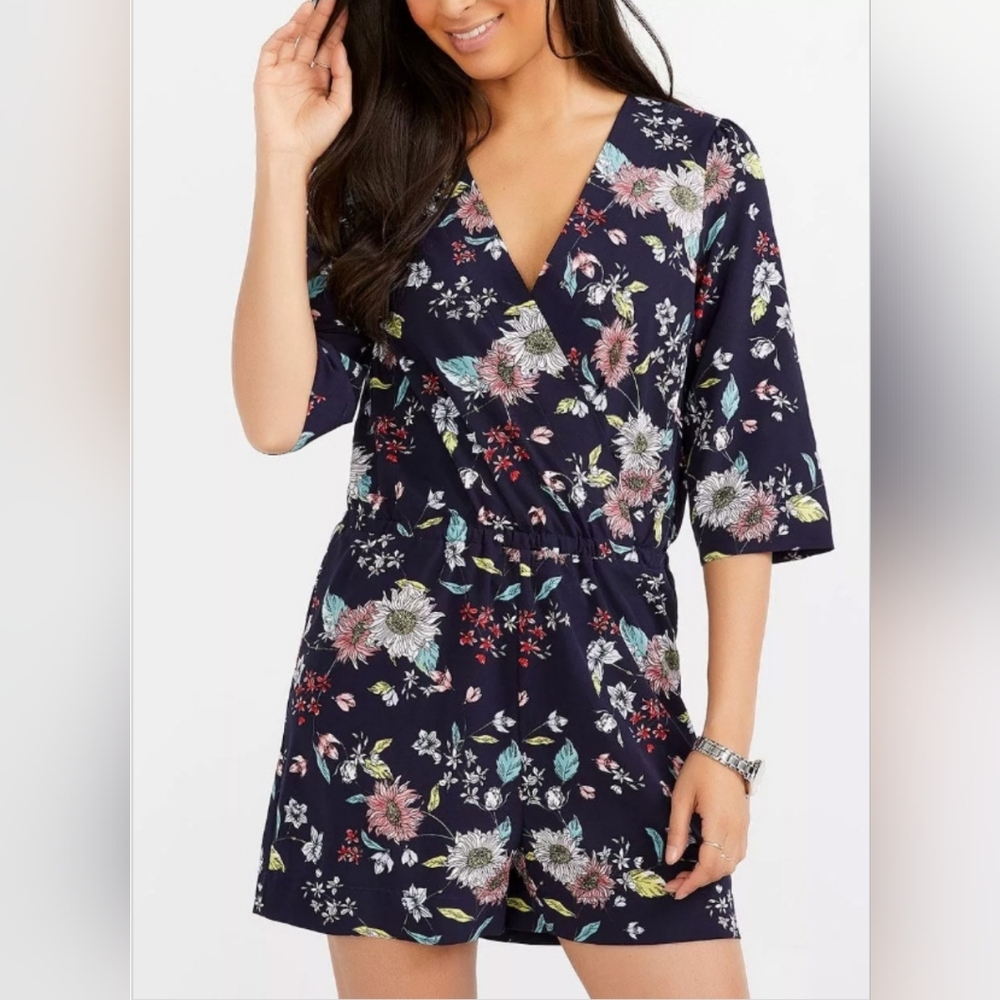 Rietmans front-wrap romper in navy with floral print, US size M